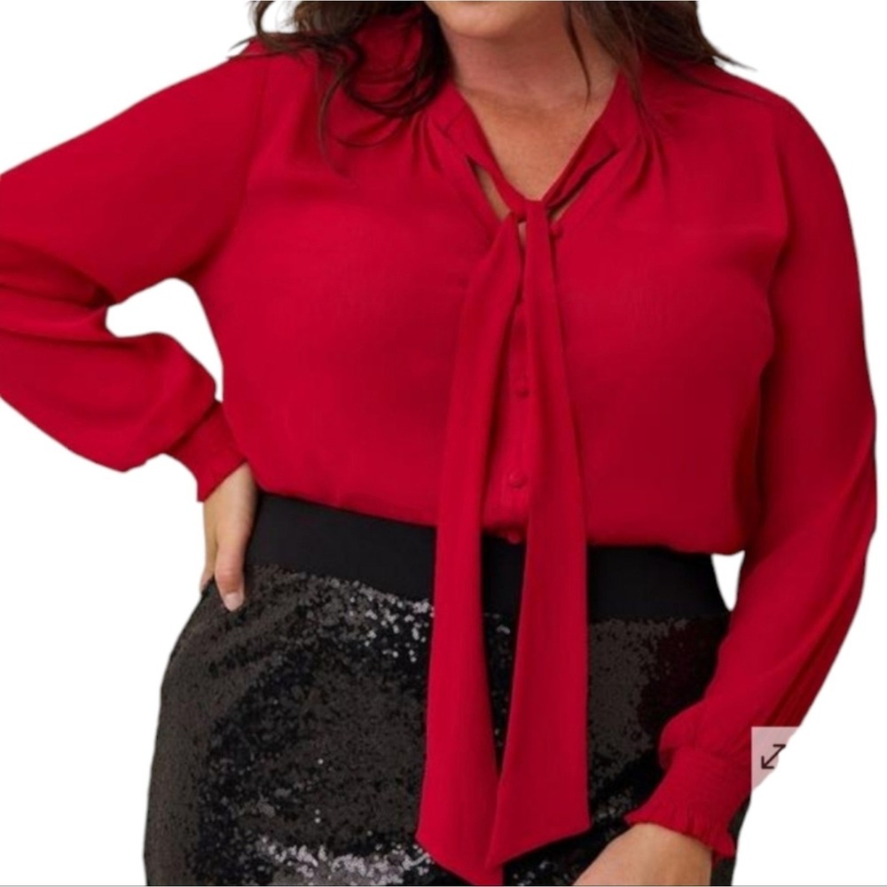 Torrid Scarlet Red Chiffon Bow Front Button-Up Blouse Semi Sheer Plus Size 2 2X